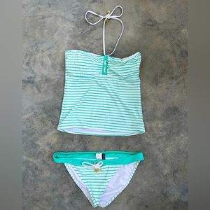 Sperry White and Teal Striped Tankini Bikini Set Sequins and Strap Halter Top